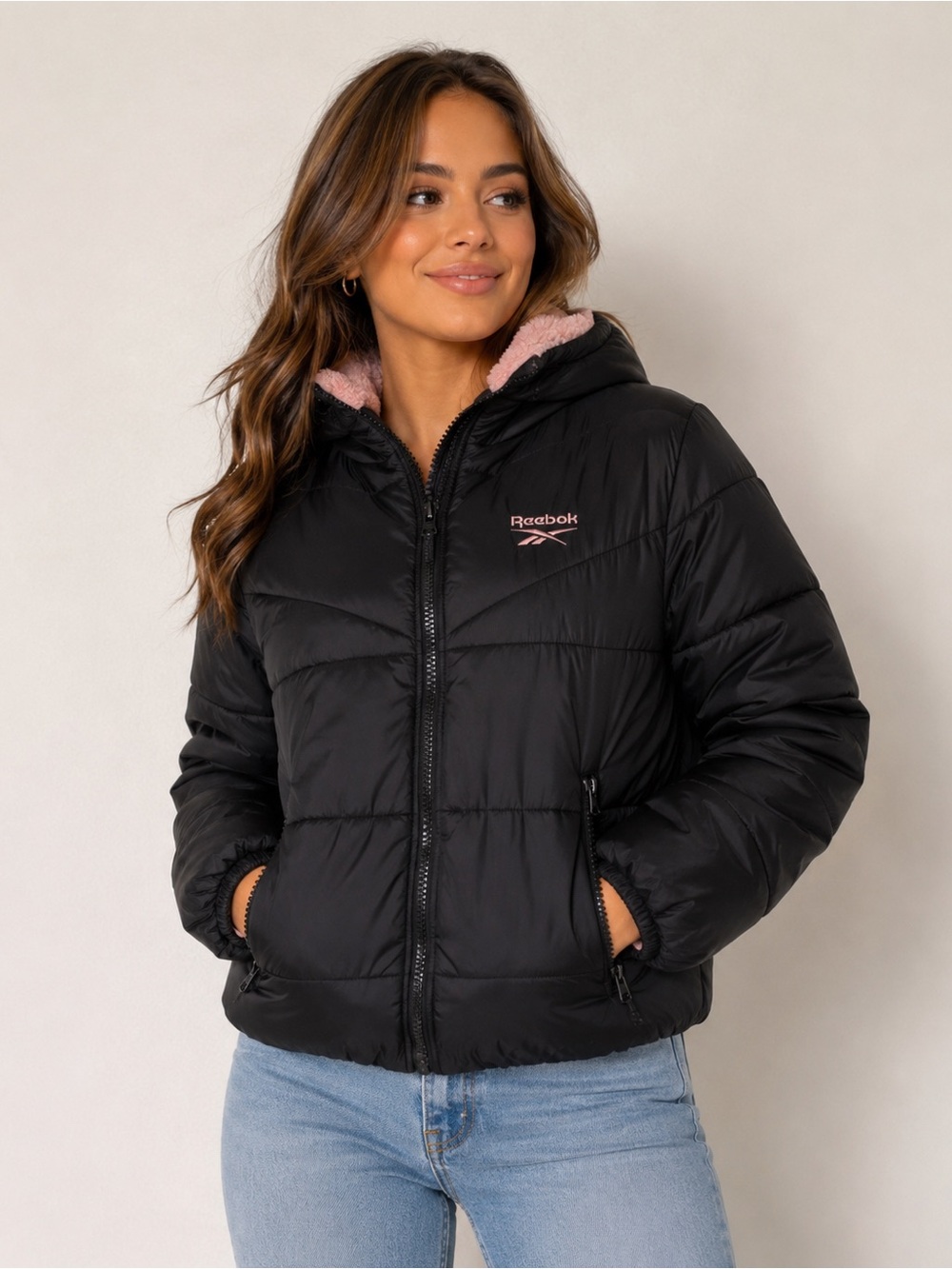 Reebok Women’s Black Puffer Jacket Pink Faux Fur Hood Lining Full Zip Size M